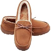 LA PLAGE Men's Moccasin Slippers Memory Foam Warm Plush House Slippers, Indoor Outdoor Comfortable Winter House Shoes