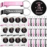 Dandat 50 Sets Sweet 16 Party Favors for Guests Include Cheers to 16 Years Old Bottle Opener Keychain and Organza Bags Sweet 16 Cards with Rope 16 Party Favors(Champagne Pink and Black)