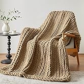 Negwoo Chunky Knit Throw Blanket, 50''*60'' Knitted Throw Chenille Yarn for Bed Couch, Handmade Light Brown Crochet Big Thick Blanket, Machine Washable Cute Comfy Blanket for Home Decor