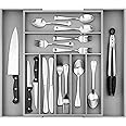 Purawood Bamboo Drawer Organizer - Expandable Silverware Organizer & Utensil Organizer, Cutlery Tray with Dividers, 7-9 Slots - Premium Kitchen Drawer Organizer for Utensils & Flatware (Grey)