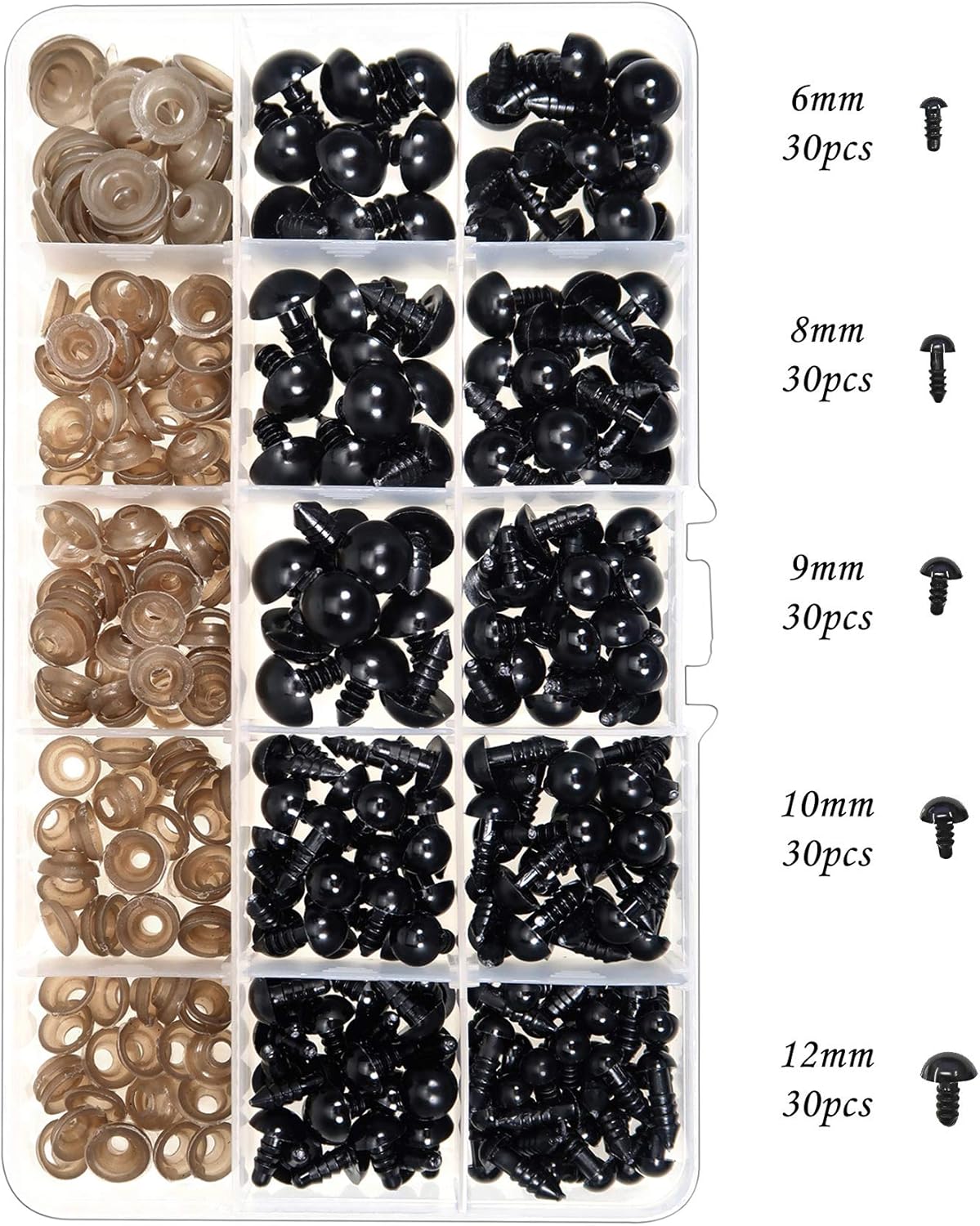 TOAOB Safety Eyes for Amigurumi Dolls 500pcs 5mm to 12mm Black Plastic Crochet Eyes with Washers for Crochet Dolls Making DIY Craft Stuffed Plush Animals - Image 3