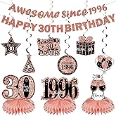 Kuxriox 11Pcs 30th Birthday Decorations Kit for Women, Rose Gold Happy 30th Birthday Banner, Awesome Since 1996 Centerpieces Swirls Party Supplies, Thirty Bday Banner Ceiling Table Topper Sign