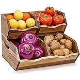 ICOHOT Acacia Wood Pantry Storage Bins, Stackable Storage Baskets Potato and Onion Storage Bins, Pantry Organizer Wooden Baskets Organization and Storage, Set 3 Pieces