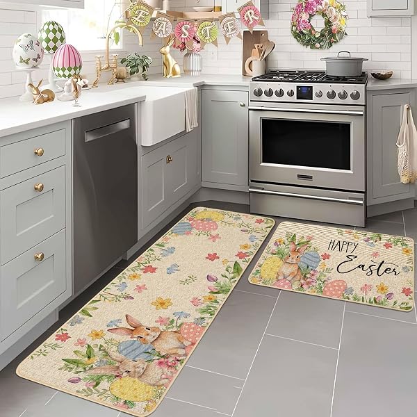 BACCESSOR HAPPY EASTER KITCHEN RUGS SET OF 2, BUNNY RABBITS COLORFUL EGGS FLOWERS KITCHEN MATS FOR FLOOR LOW-PROFILE EASTER HOLIDAY PARTY HOME DECORATION 17X29 AND 17X47 INCH