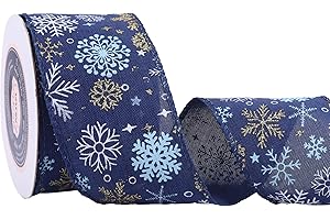 VATIN White/Gold/Blue Snowflake Wired Ribbon Ribbon,2-1/2 Inch x Continuous 10 Yards Spool Christmas Tree Ribbon for Topper Bow,Christmas Wreath,Tree Decoration,Gift Wrapping