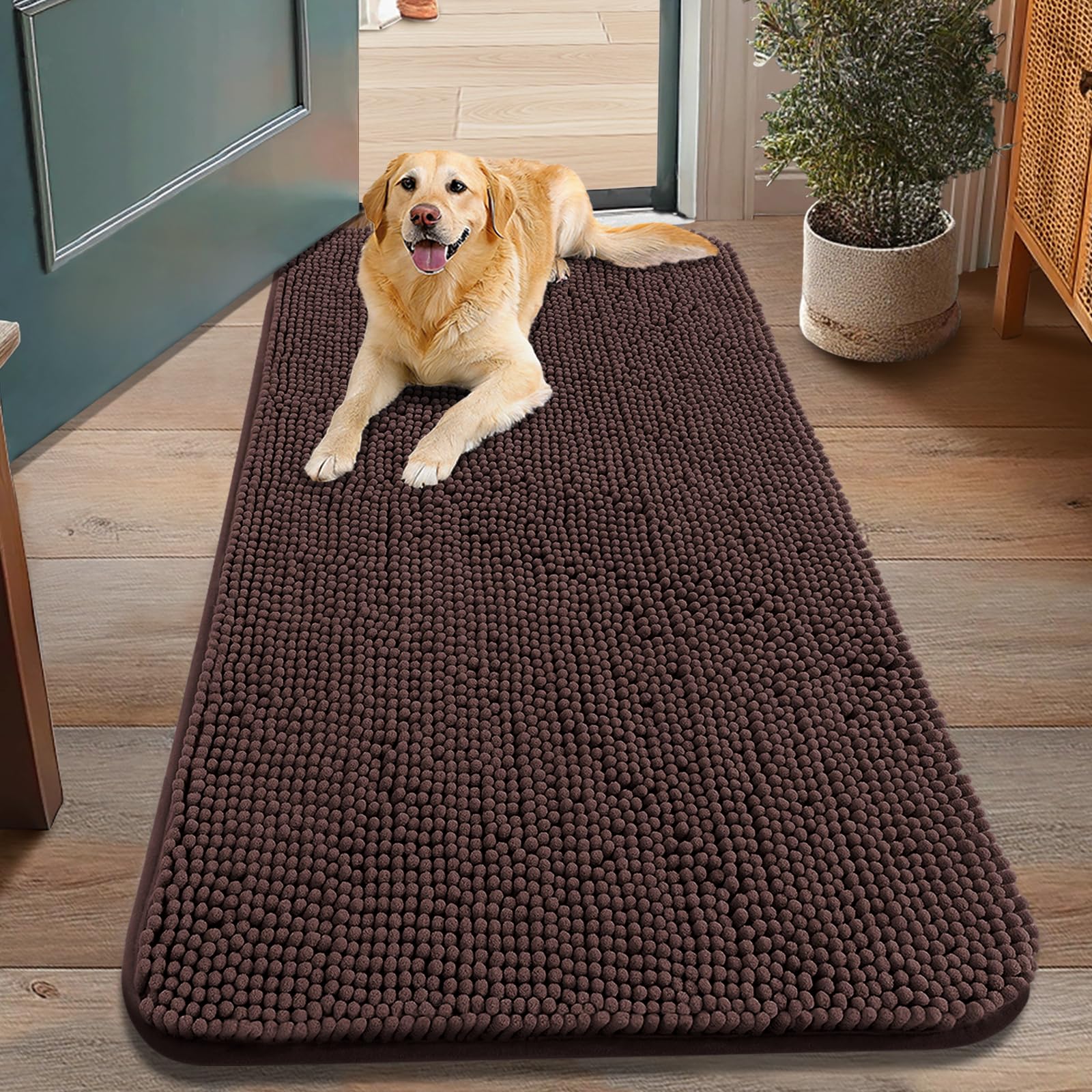 Photo 1 of Smiry Dog Door Mat for Muddy Paws 48x30, Absorbs Moisture and Dirt Doormat, Non-Slip Washable Quick Dry Chenille Front Door Mat Indoor Entrance, Entryway Carpet for Inside Floor, Brown