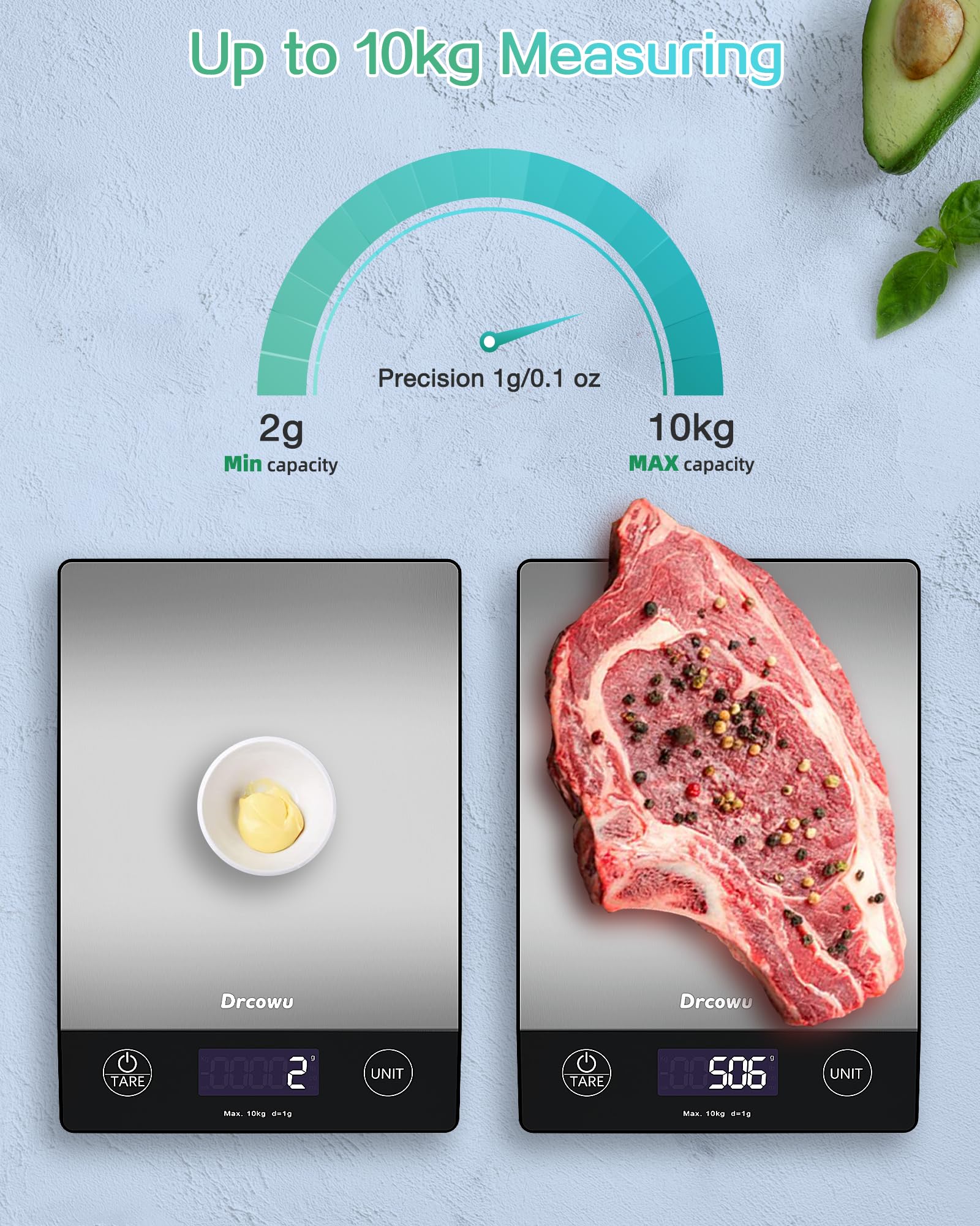 Drcowu Küchenwaage Digitale 10 kg, Waage küche Digital mit LCD-Anzeige, Multifunktions-Lebensmittelwaage, Hohe Präzision auf bis zu 1g, Tara-Funktion, 6 Einheiten, zum Kochen Backen 2