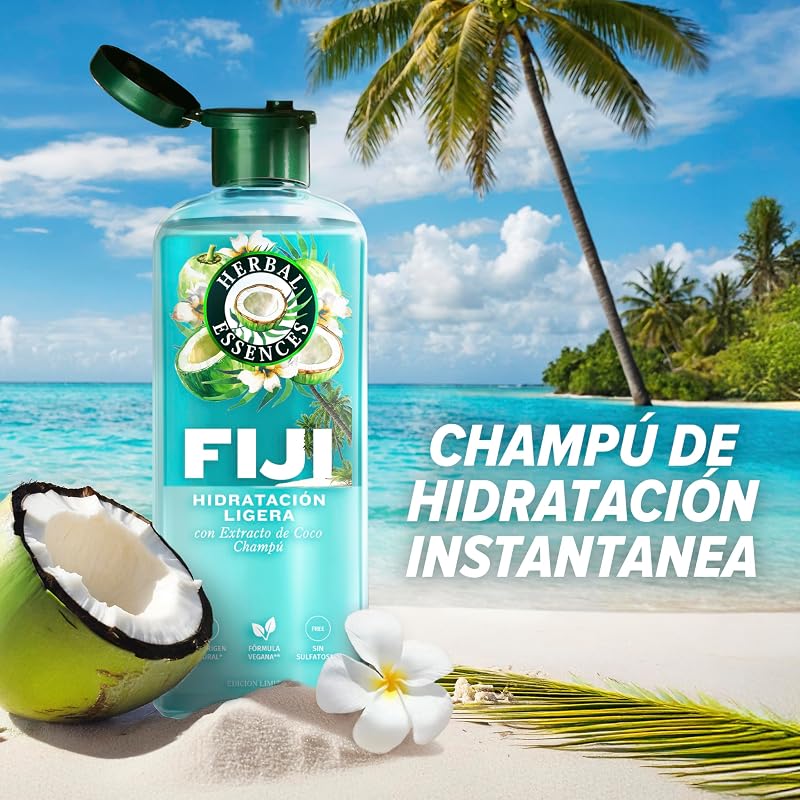 Champô Fiji 350ml, amaciador 250ml e Magic Serum sem enxaguamento 95ml de hidratação leve. Com extrato de coco. Para cabelo macio e sedoso