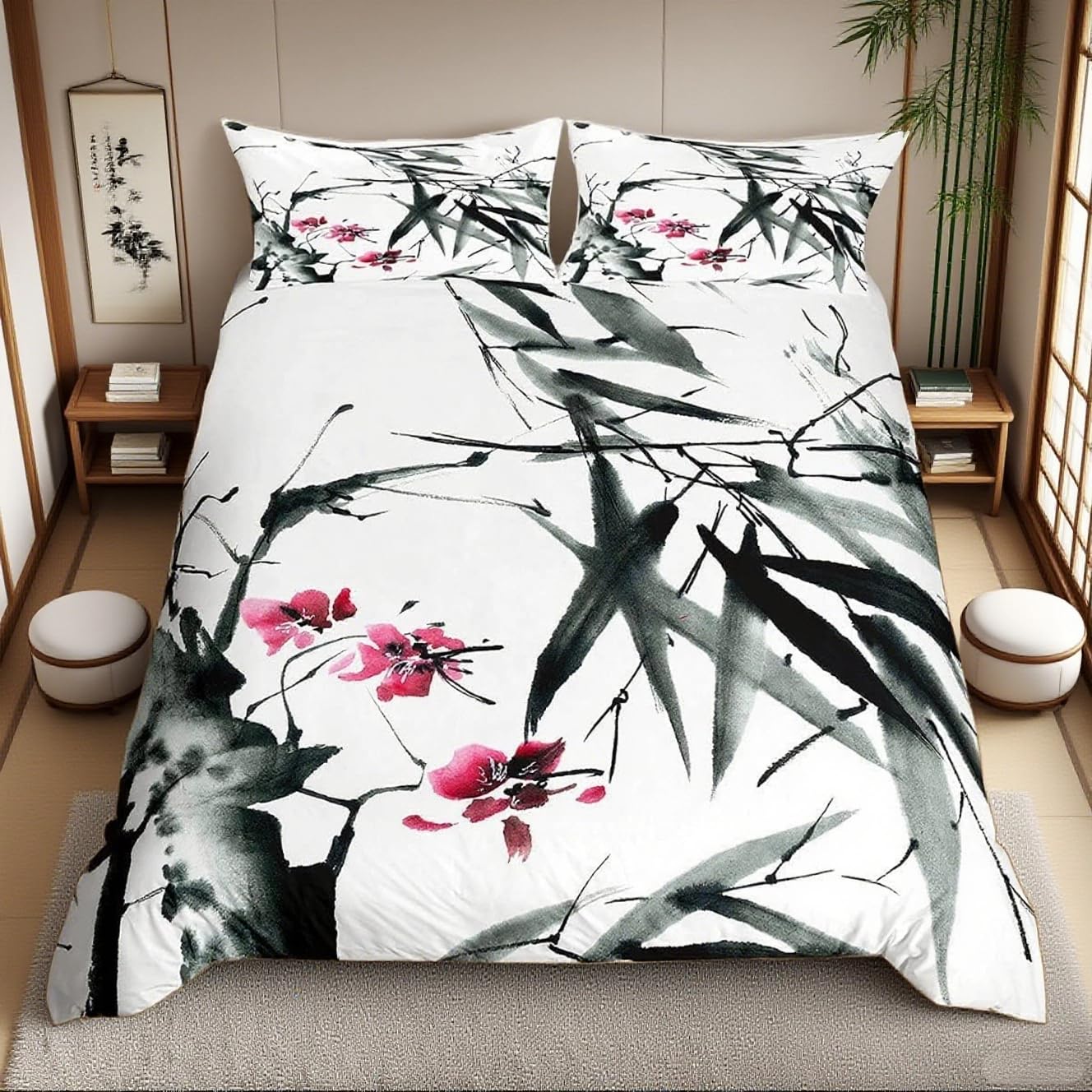 Loussiesd Chinese Style Duvet Cover, Ink Painting Bedding Set Single Size For Kids Teens Adult, Bamboo Leaves Quilt Cover, Vintage Style Plum Comforter Cover Lightweight Bedroom Decor, Grey White