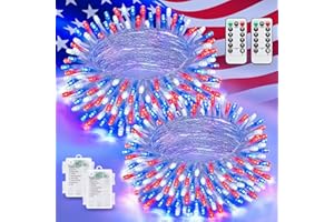 JMEXSUSS 2 Pack Red White and Blue Lights Outdoor, 33ft 100 LED 4th of July Lights Battery Operated, 8 Modes Patriotic Decorations Lights for Indoor Outside Independence Day American Flag Holiday