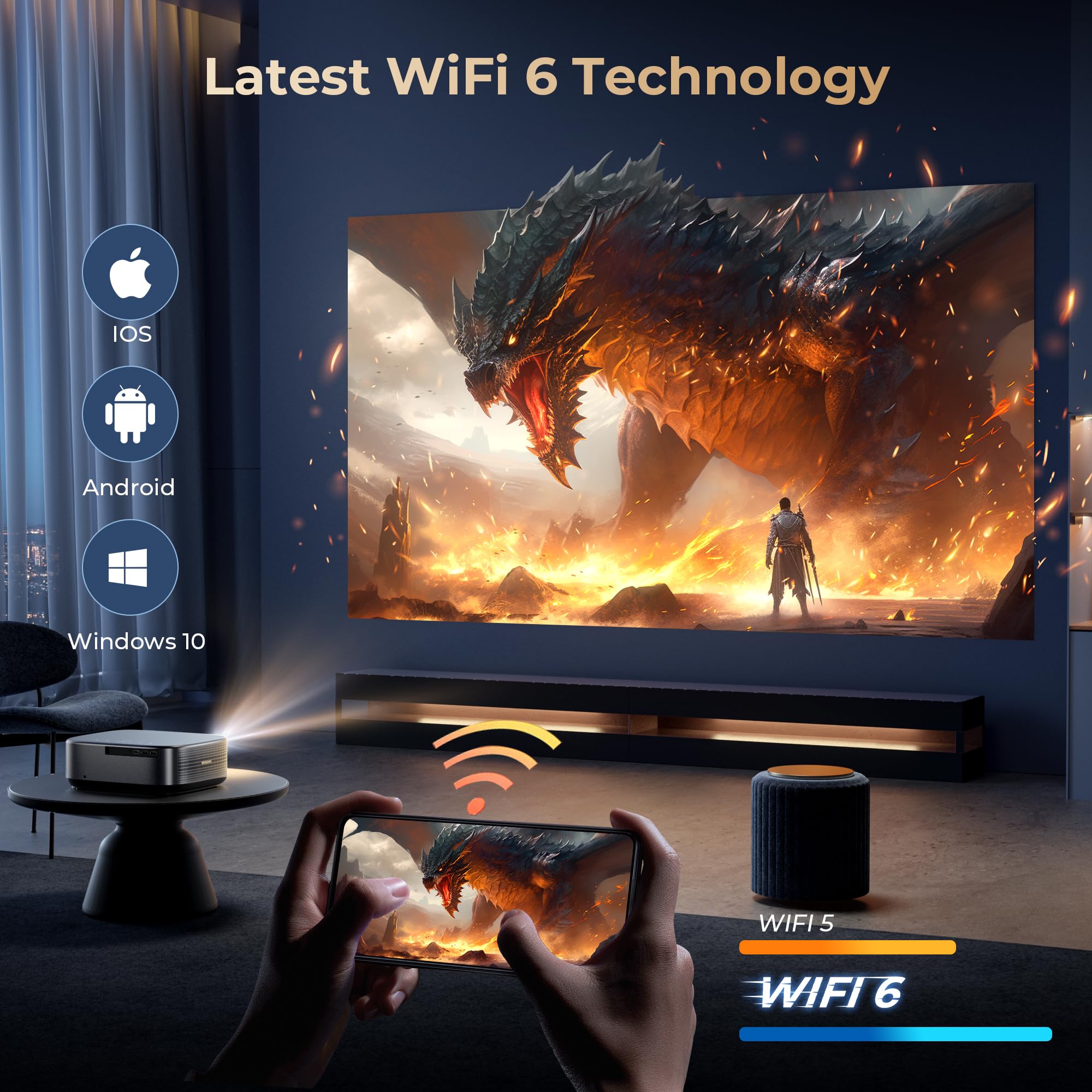 [1000 ANSI & Audio by DBX-TV] Alvar Projector with WiFi 6 and Bluetooth, 30W Speakers, NetfIix Certified & DoIby Audio Outdoor Proyector, Auto Focus Native 1080P Smart Projector, Black