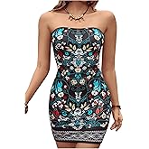 Milumia Women's Boho Floral Print Tube Dress Strapless Bodycon Mini Dresses