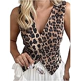 GORGLITTER Women's Leopard Blazer Vest Tops Button Up Cheetah Print Sleeveless V Neck Waistcoat Country Concert Outfits