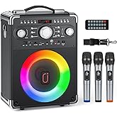Karaoke Machine with 3 Wireless Microphones, Bluetooth Karaoke Speaker with 3 Mics for Adults/Kids, Portable PA System for Home Party with DJ Lights & Remote Contro, Support TWS/USB/TF Card/AUX/REC