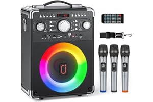 JAUYXIAN Karaoke Machine with 3 Wireless Microphones, Bluetooth Karaoke Speaker with 3 Mics for Adults/Kids, Portable PA System for Home Party with DJ Lights & Remote Contro, Support TWS/USB/TF Card/AUX/REC