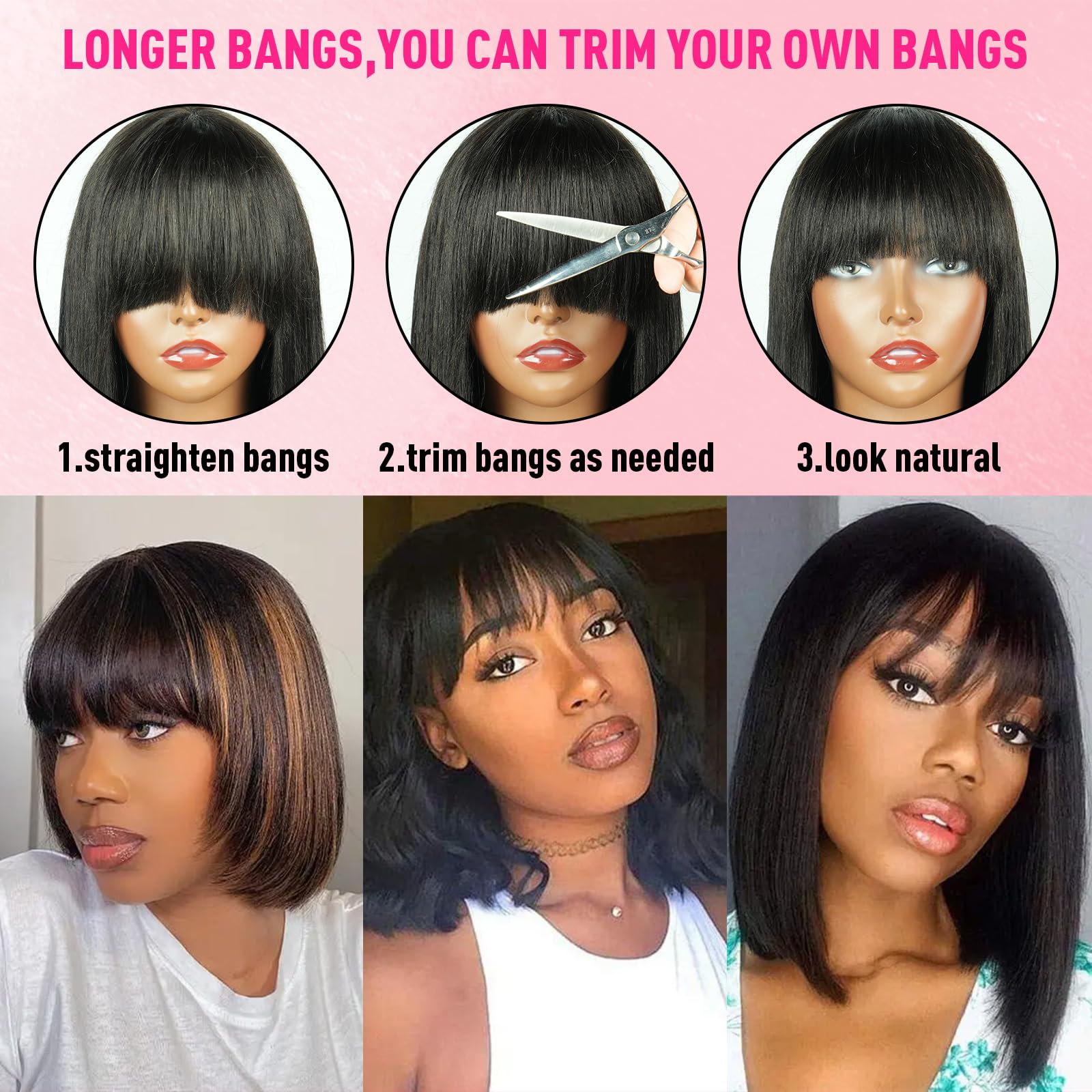 10 Inch Yaki Straight Bob Wig Human Hair with Bangs 1X4 Lace Short Black Bob Wigs with Breathable Cap Blunt Cut Bob Wig 200 Density For Women