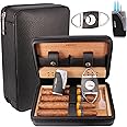 AMANCY Handcrafted Classic Black Leather 4 Cigar Travel Case Humidor with Cutter and Lighter Great Cigar Accessory Gift Set