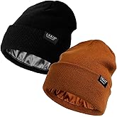 2 Pack Satin Lined Beanie Hats for Men Women Winter Warm Knitted Cuffed Silk Lined Slouchy Skull Cap