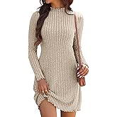 Oakgarden Women's Knit Long Sleeve Sweater Dress Lettuce Trim Mock Neck Tunic Dress Fall Winter Casual Trendy Outfits