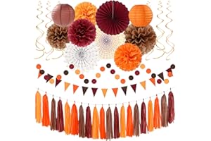 Boho Baby-Shower Burgundy Brown-Orange Party-Decorations - 33pcs Banner,Fall Autumn Streamers Tassel Garland,Tissue Pom Poms Honeycomb,Paper Lantern Fan, Wedding Harvest Rustic Birthday Decor Hugtmr