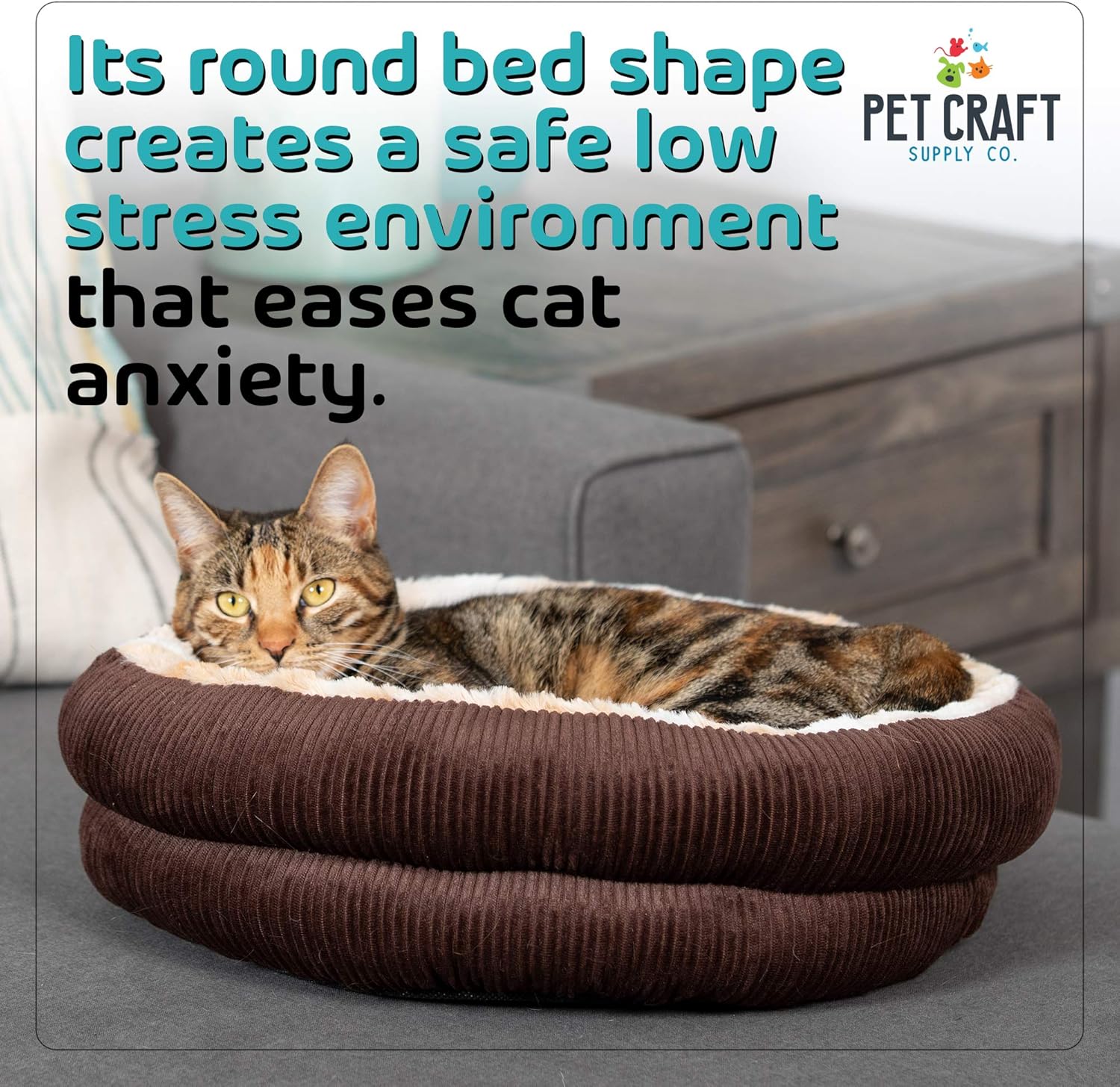 Pet Craft Supply Round Cat Bed - Cute and Comfortable Self Warming Plush Calming Cat Bed for Indoor Cats : Pet Supplies