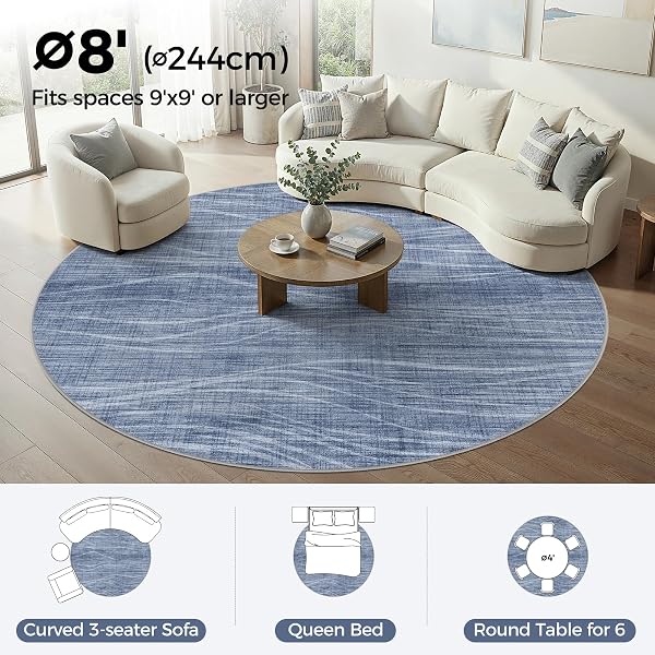 WITSHOCK 8FT ROUND RUGS FOR LIVING ROOM, MODERN STRIPED DESIGN AREA RUG, LARGE RUG FOR BEDROOM DINING ROOM OFFICE NURSERY, SOFT THIN NON-SLIP CARPETS FOR HOME DECOR, BLUE