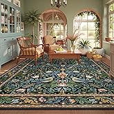 Beeiva Vintage Bird 8x10 Washable Rugs for Living Room, Botanical Non Slip Large Carpet for Bedroom, Stain Resistant Dining Room Rugs for Under Table Dorm Classroom Decor (Dark Green/Navy Blue)