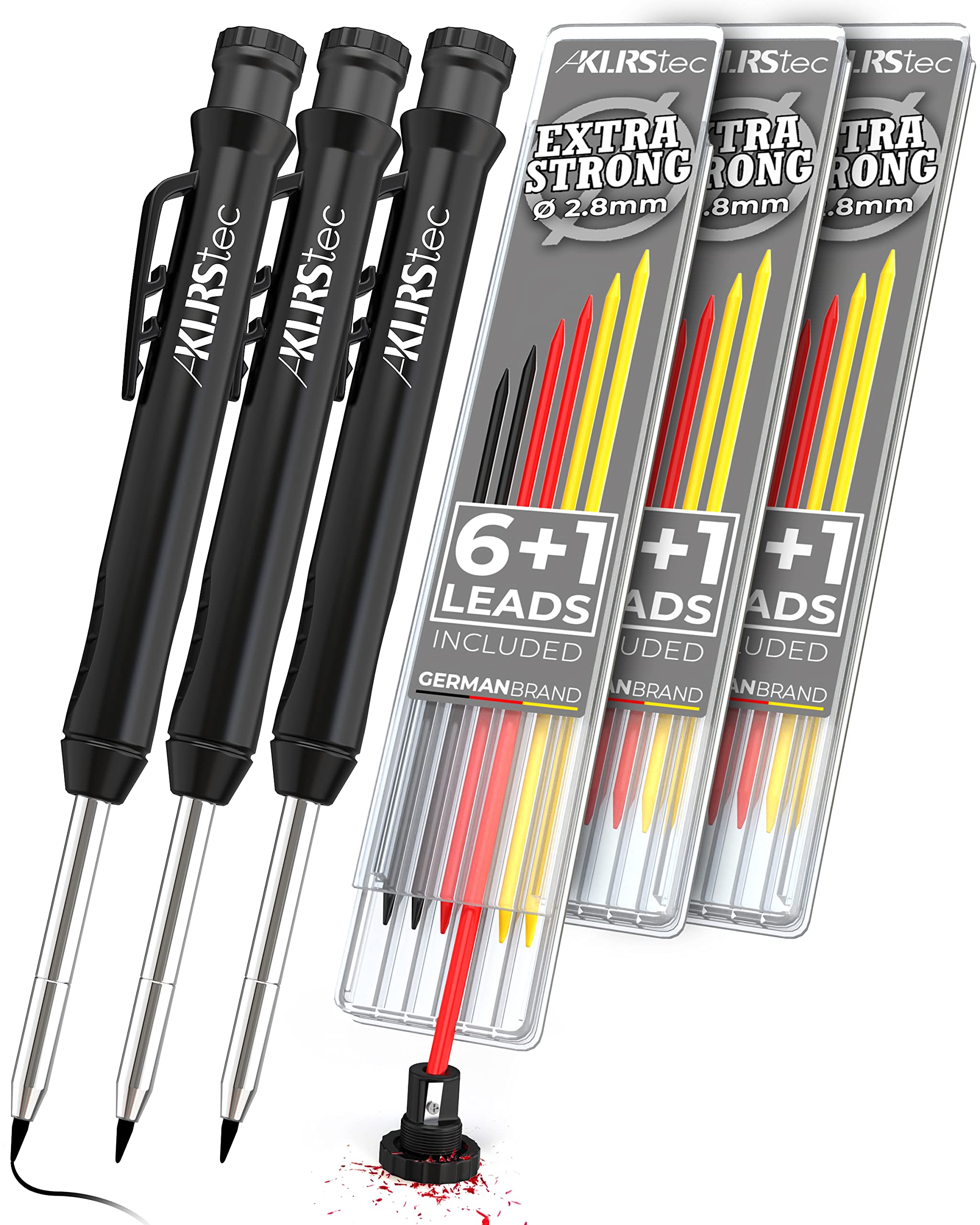 KLRStec Professional Deep Hole Marker [Set of 3] Including Spare Leads - Carpenter's Pencils for Construction Site - Drill Hole Marker, Marker Pen, Craftsman Pencil, Hole Marker