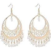 MALOYANVE Boho Beaded Earrings for Women Ethnic Handmade Gold Cut Out Geometric Round Dangle Chandelier Earrings Boho Vintage Colorful Tassel Earrings Holiday Party Jewelry Gift