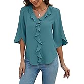 Blooming Jelly Womens Dressy Casual Blouses 3/4 Sleeve V Neck Ruffle Tops Business Ladies Summer Trendy Fashion Work Shirt