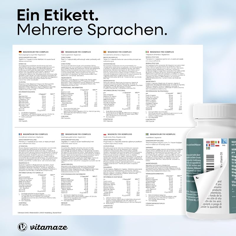 Vitamaze Magnesium Komplex 400mg, 7 Formen + Vitamin B6 und D3, Bisglycinat, Citrat, Malat, Oxid, Lactat, Ascorbat, Taurat, 4 Monate, Made in Germany