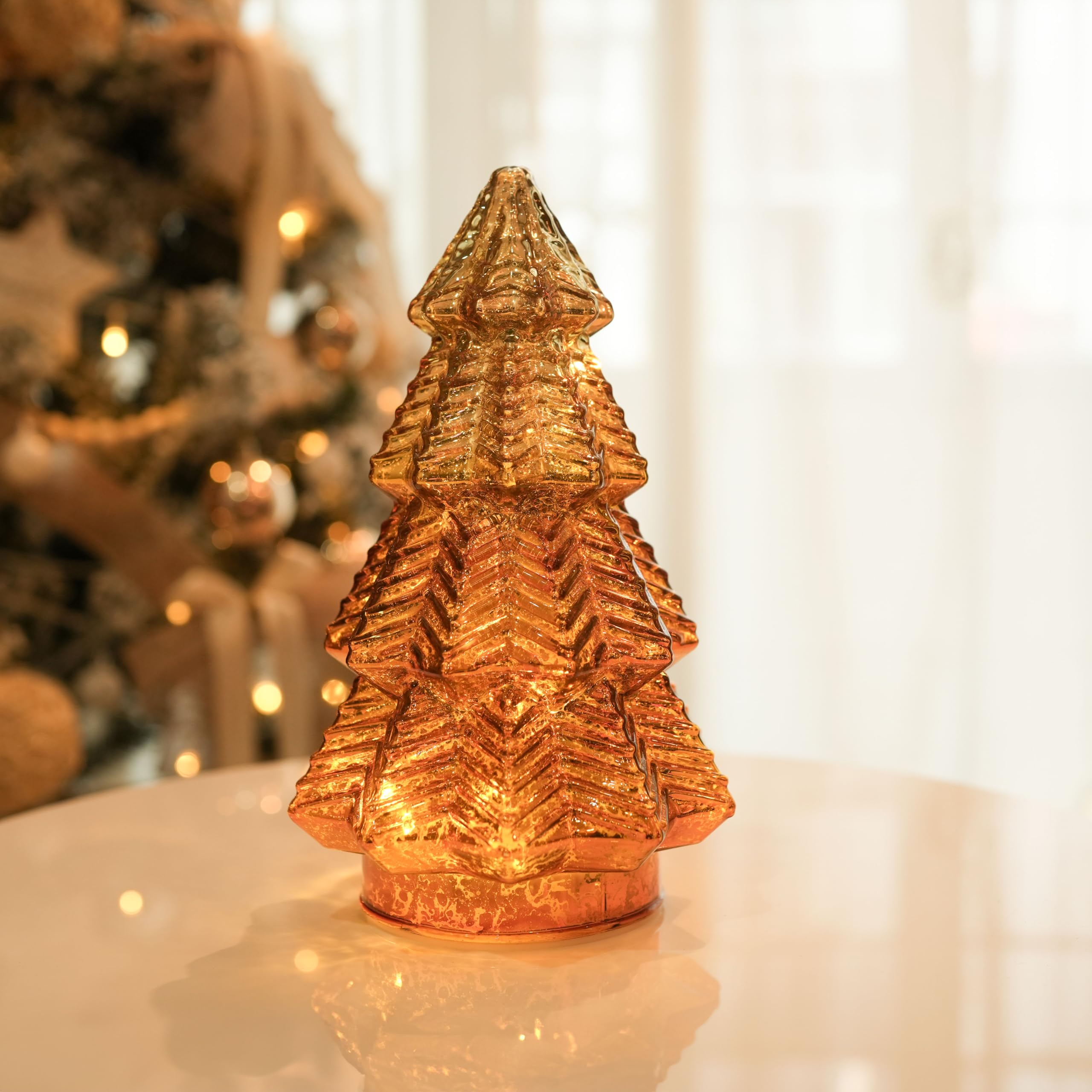LED Glass Christmas Tree with Wave Design, Twinkling Lights,6 Timer Function, Battery-Operated Holiday Centerpiece,Gold