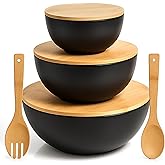 Vdomus Salad Serving Bowls with Lids - 5x10x10-Inch Bamboo Fiber Bowl Set with Wooden Lids - Multi-Purpose Bowl and Board Set for Kitchen - Mixing Bowl Set for Serving and Preparing Food - Set of 3
