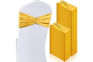 Hahafelt 100 pcs Chair Sashes Shiny Bow Spandex Bands for Chair Wedding Banquet Parties Reception Restaurant Decoration, Gold