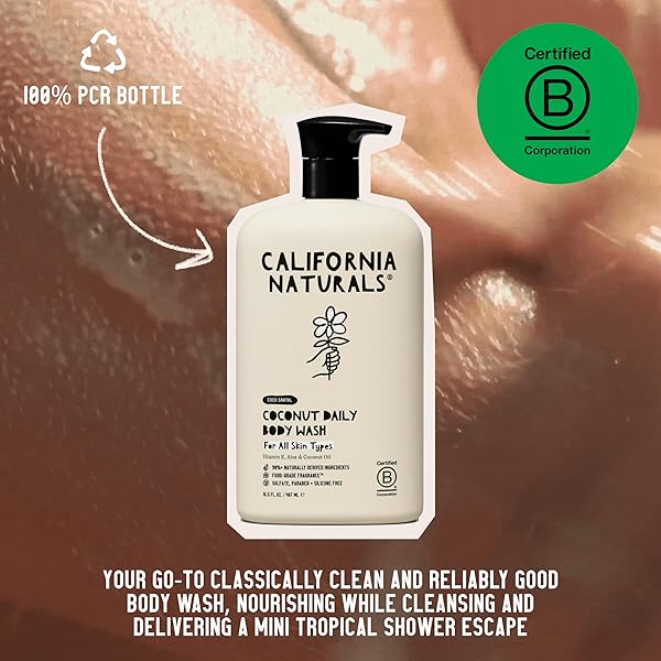 CALIFORNIA NATURALS BODY WASH FOR WOMEN AND MEN, VITAMIN E SHOWER GEL CLEANSER, NATURAL, VEGAN & CRUELTY FREE, PARABEN & SULFATE FREE, MOISTURIZING SKIN, COCONUT, ALL SKIN TYPES, 16.5 FL OZ