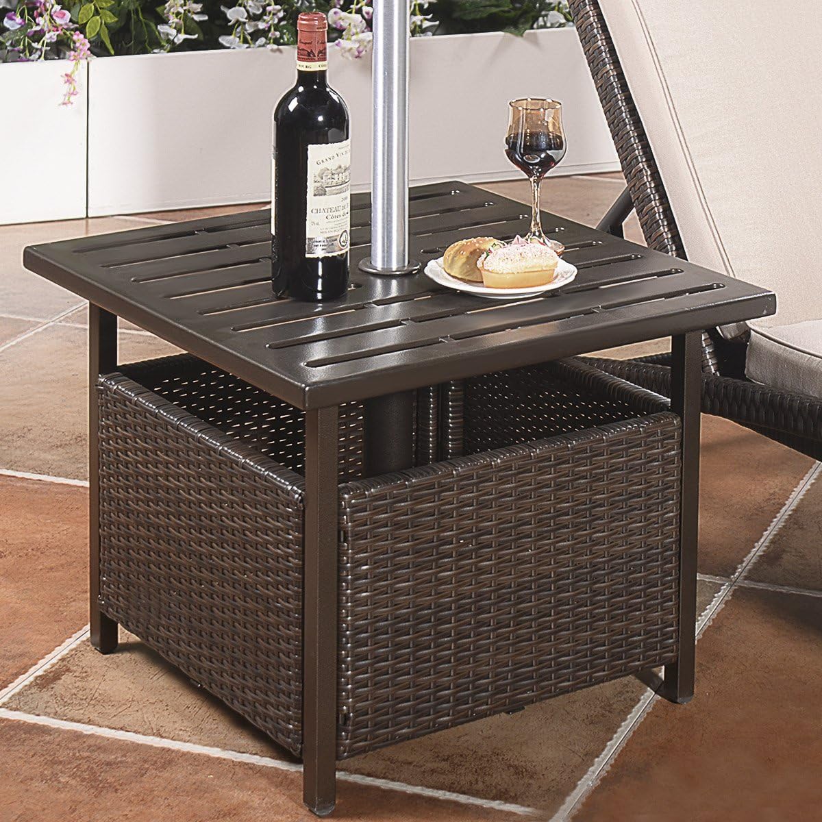Giantex Patio Rattan Wicker Umbrella Side Table Stand with Umbrella Hole Steel Outdoor Deck Garden Pool Umbrella Side Table, Brown : Garden & Outdoor