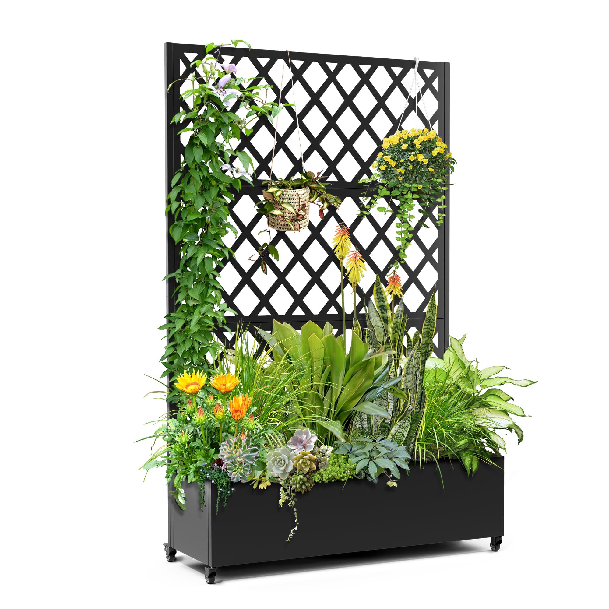 Photo 1 of FENCY Metal Planter Box with Diamond Lattice Trellis Planter Box for Climbing Plants/Vines, Galvanized Raised Garden Bed On Wheels, Garden Bed with Trellis(73"x47" Black)