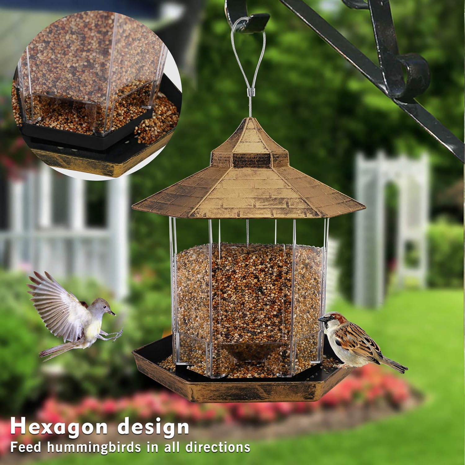 Hanging Wild Bird Feeder Gazebo Birdfeeder Outside Decoration -Perfect for Attracting Birds on Outdoor Garden Yard for Bird Lover Kids, 2.6lb Capacity Hexagon Shaped with Roof Avoid Weather and Water : Garden & Outdoor