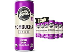 Liquid Remedy Kombucha Sugar Free Organic Drink, Low Calorie, Probiotic Like Tea for Gut Health - Cherry Plum - 8.5 Fl Oz Can, 12-Pack