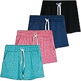 Real Essentials 4 Pack: Girls Athletic Performance Dry-Fit Running Shorts with Drawstring & Pockets