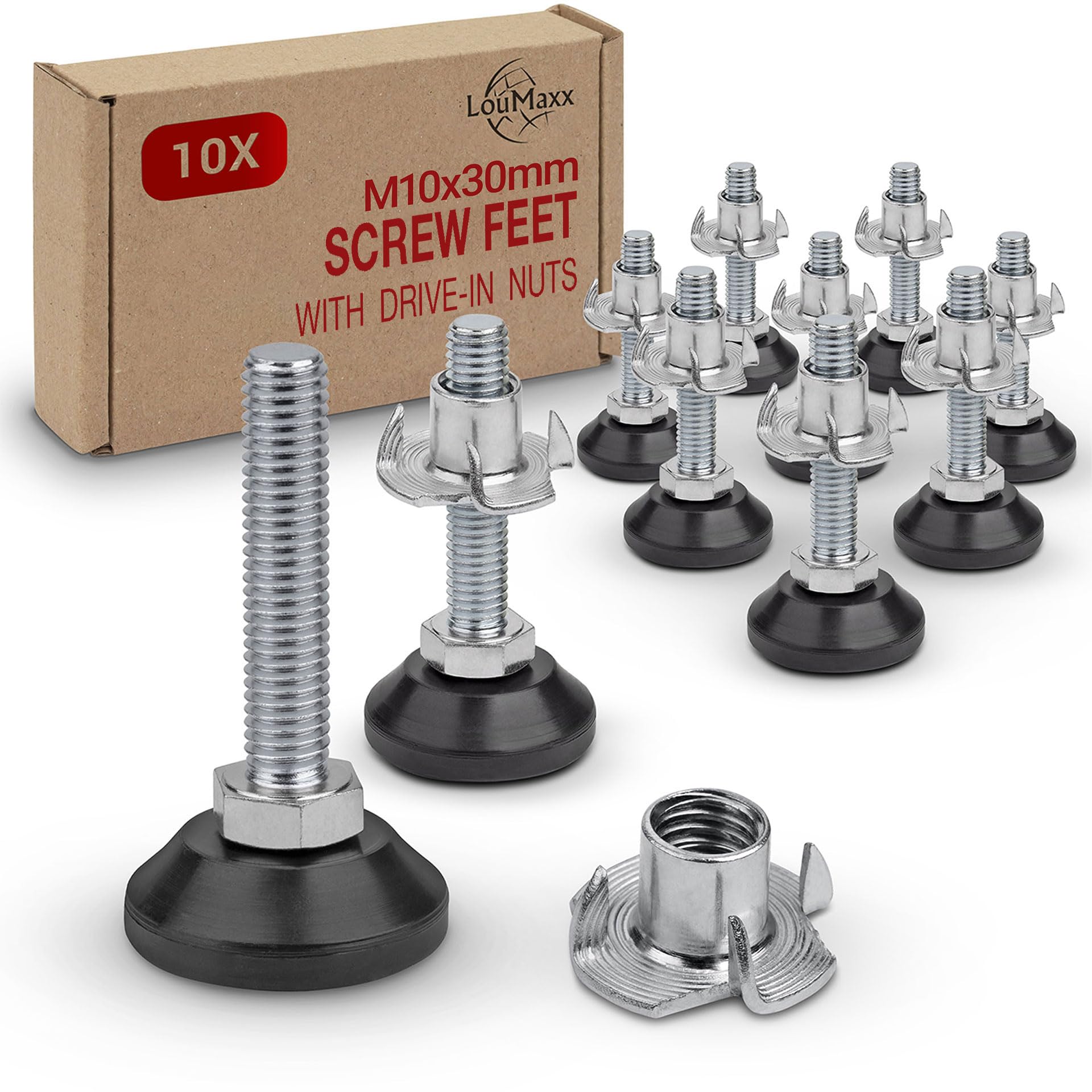 LouMaxx Adjustment Screw M10 x 30 mm - Adjustable Legs Including Clamping Nut - Leveling Feet - Machine Foot M10 - Adjustment Screw - Set of 10 Adjustment Screws