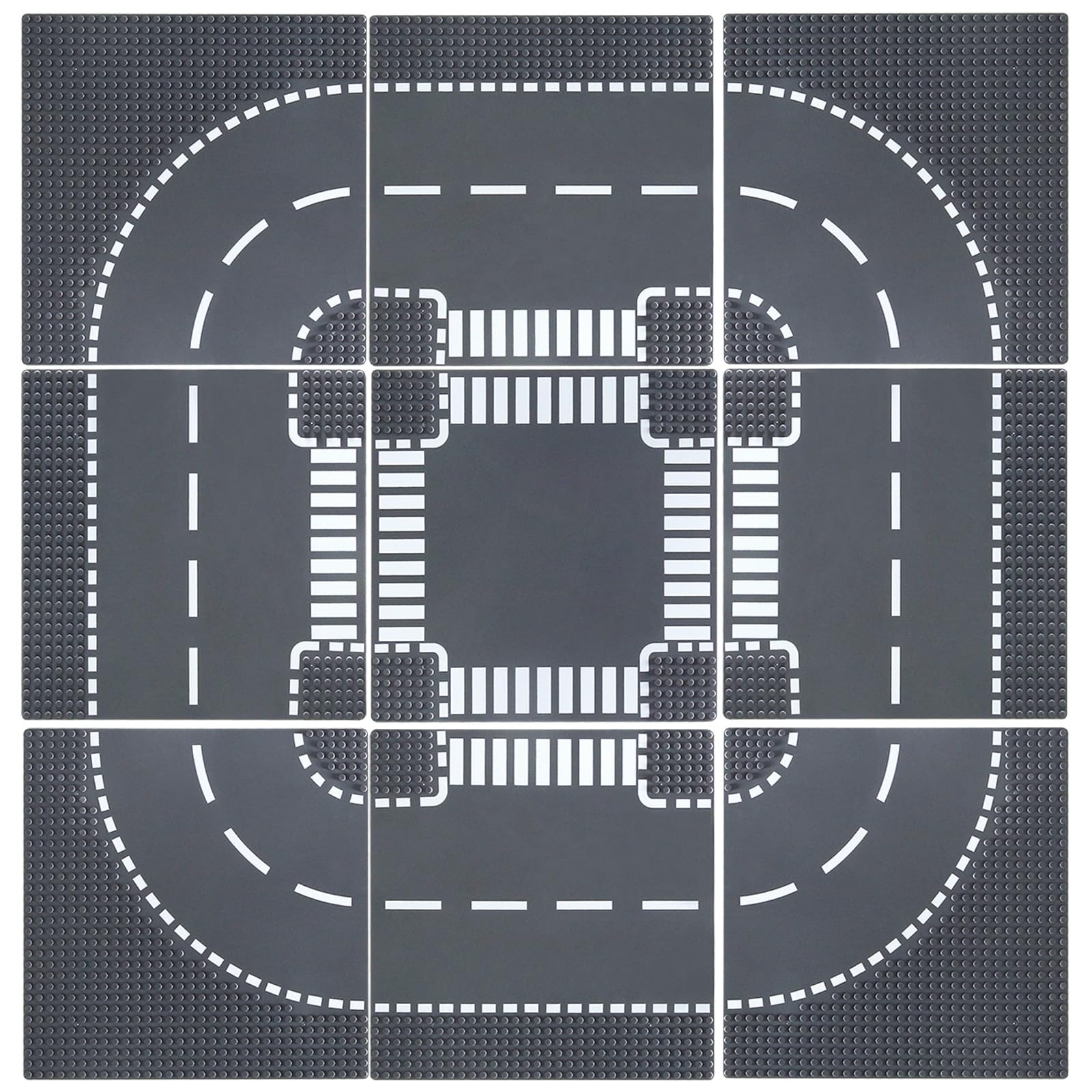 HUIZDQ 9 Piece Road Base Plates, City Street Road Building Baseplate Toys Compatible with All Major Brands, For Ages 3 and Up, 4 Curves, 4 T-Junctions, 1 Crossroad, 10" x 10" (Grey) โ image 1