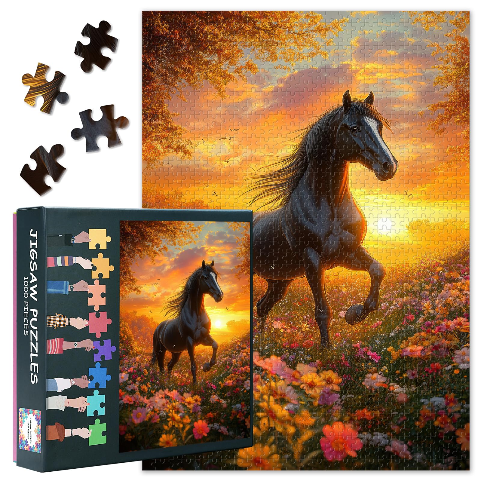 Horse Puzzles for Adults 1000 Piece — Horse in Flower Grass Field in Spring Puzzles — Setting Sun Jigsaw Puzzle 1000 Pieces Gifts Difficult Challenging Family Puzzle for Game Nights 50x70cm — image 1