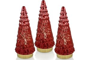 SHMILMH Red Glass Christmas Tree 3pcs, Small Tabletop Mercury Christmas Tree with Light, Battery Operated Xmas Tree for Fireplace Bathroom Decor 10"