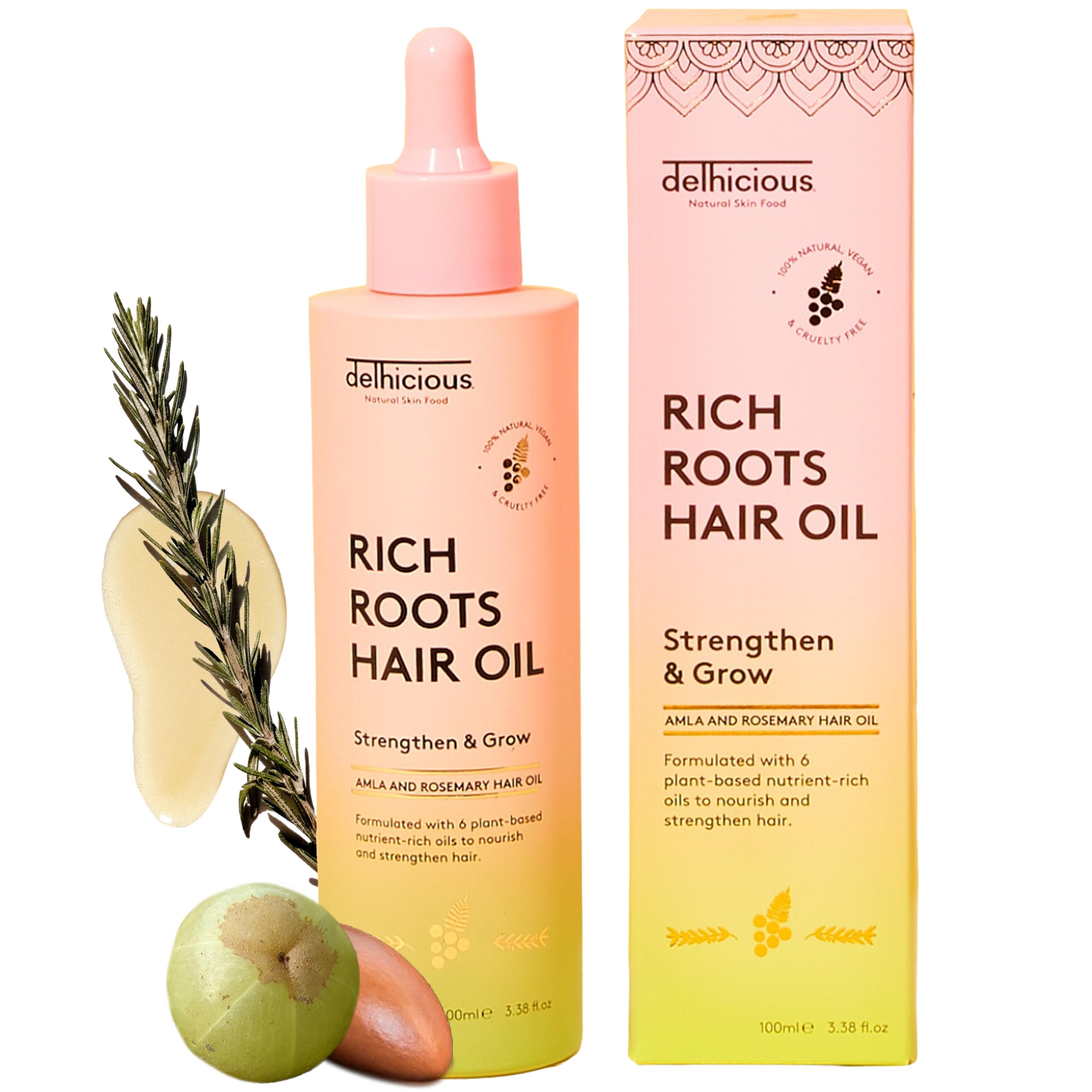 Delhicious Amla Hair Oil & Rosemary Oil for Hair Growth - Rich Roots Hair Loss Treatment for Thinning Hair - Dry Scalp Treatment with Argan Oil - Ayurveda Scalp Oil - Vegan, Sulphate Free - 100ml