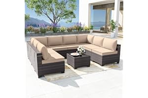 Delnavik Patio Furniture Set 9PCS Outdoor Furniture for Backyard Wicker Sectional Sofa Set, Rattan Patio Conversation Set with Thickened Cushions and Glass Coffee Table, Sand