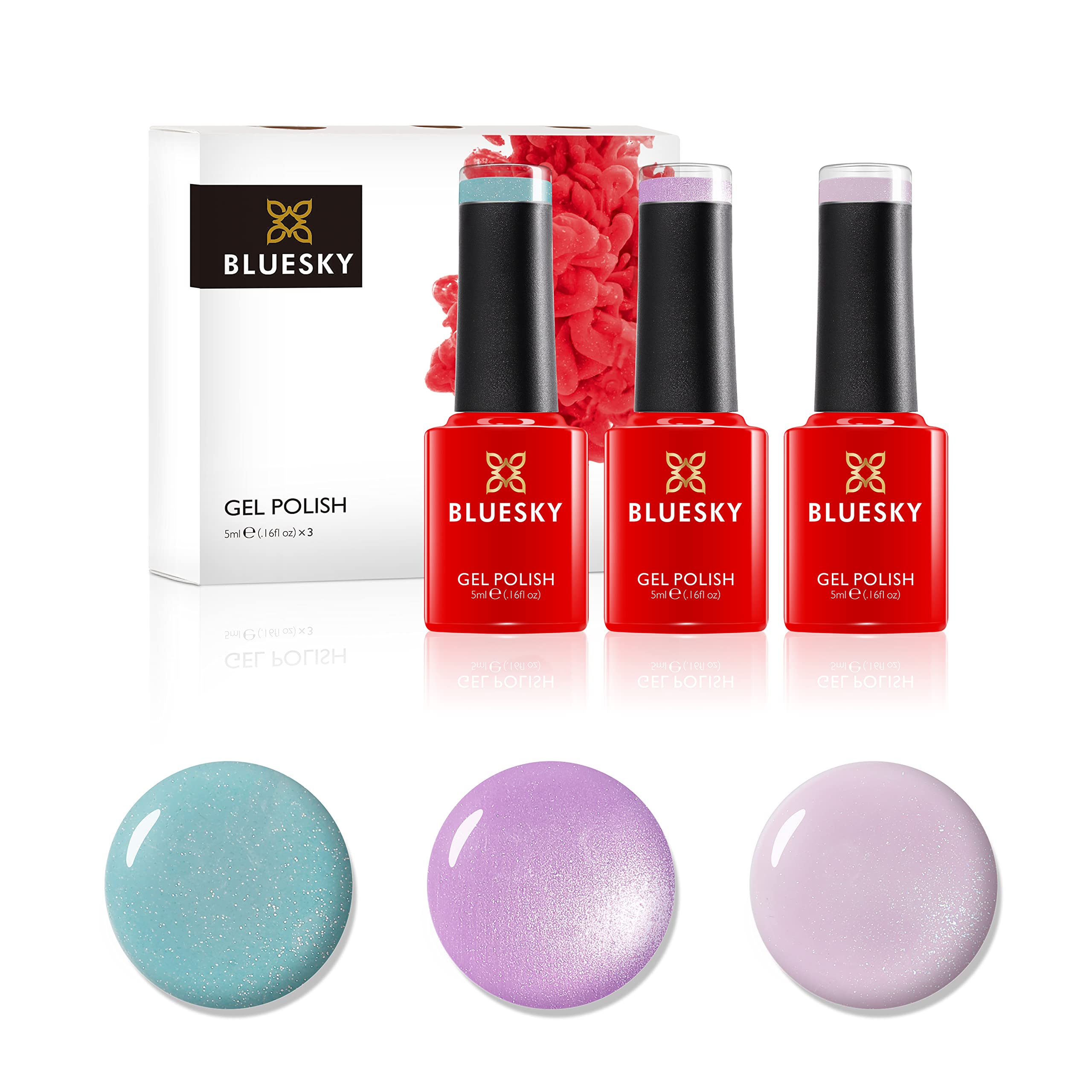 Bluesky Gel Nail Polishes, Pastel Powder, Frozen Palace 63907, Strawberry Pink A031, Beckoning Begonia 80597, 3 x 5ml, Pink, Green, Purple (Requires Curing Under UV/LED Lamp)