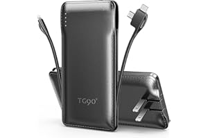 TG90° 10000mAh Portable Charger with Built-in AC Wall Plug and Cables, Ultra Slim USB C Power Bank External Battery Pack Compatible with iPhone and Android Phones