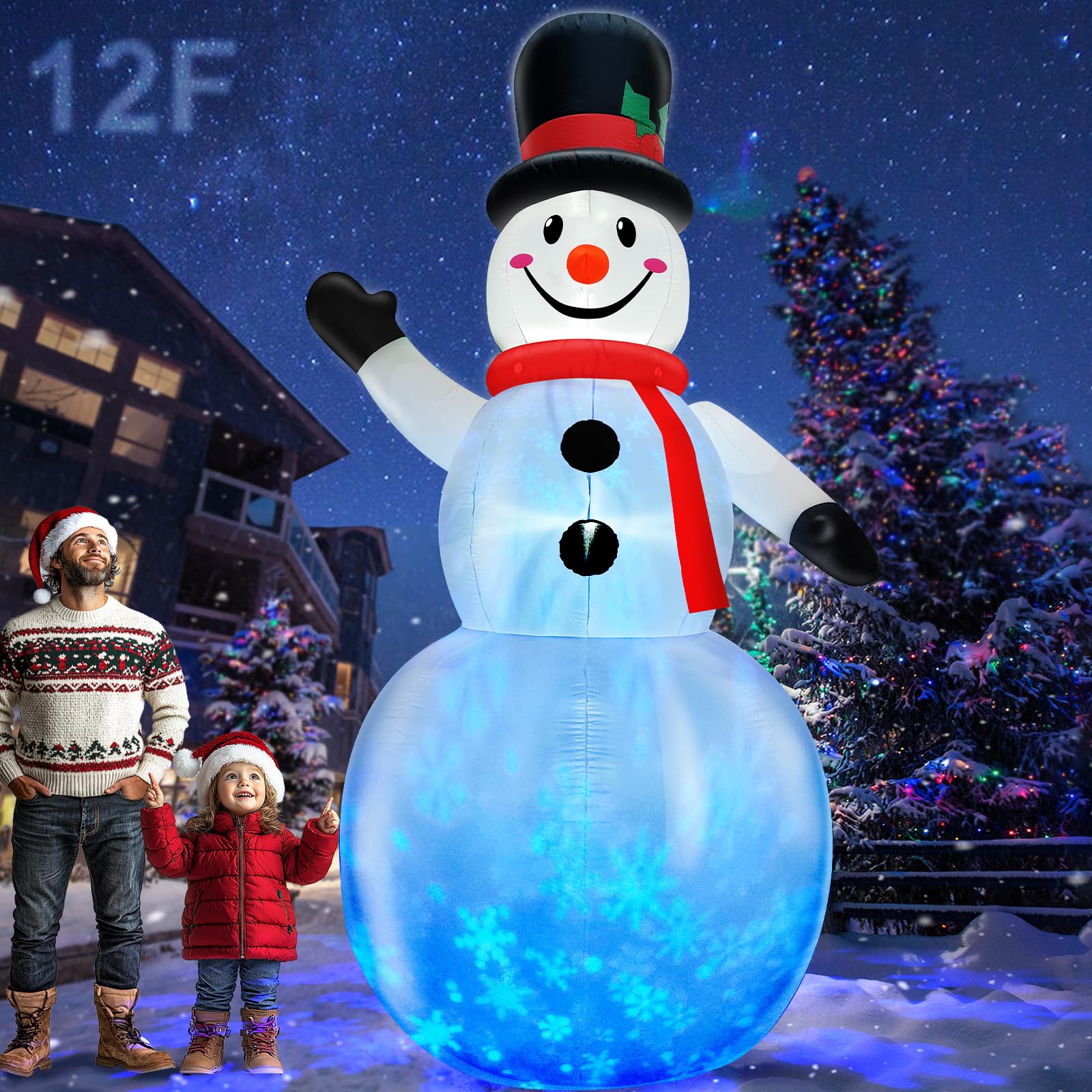 Photo 1 of Rotating Snowflake Lights 12 Ft Giant Christmas Inflatables Snowman with Built-in LED Lights Christmas Decorations Outdoor Xmas Blow Up Snowman for Yard Garden Holiday Party Decor