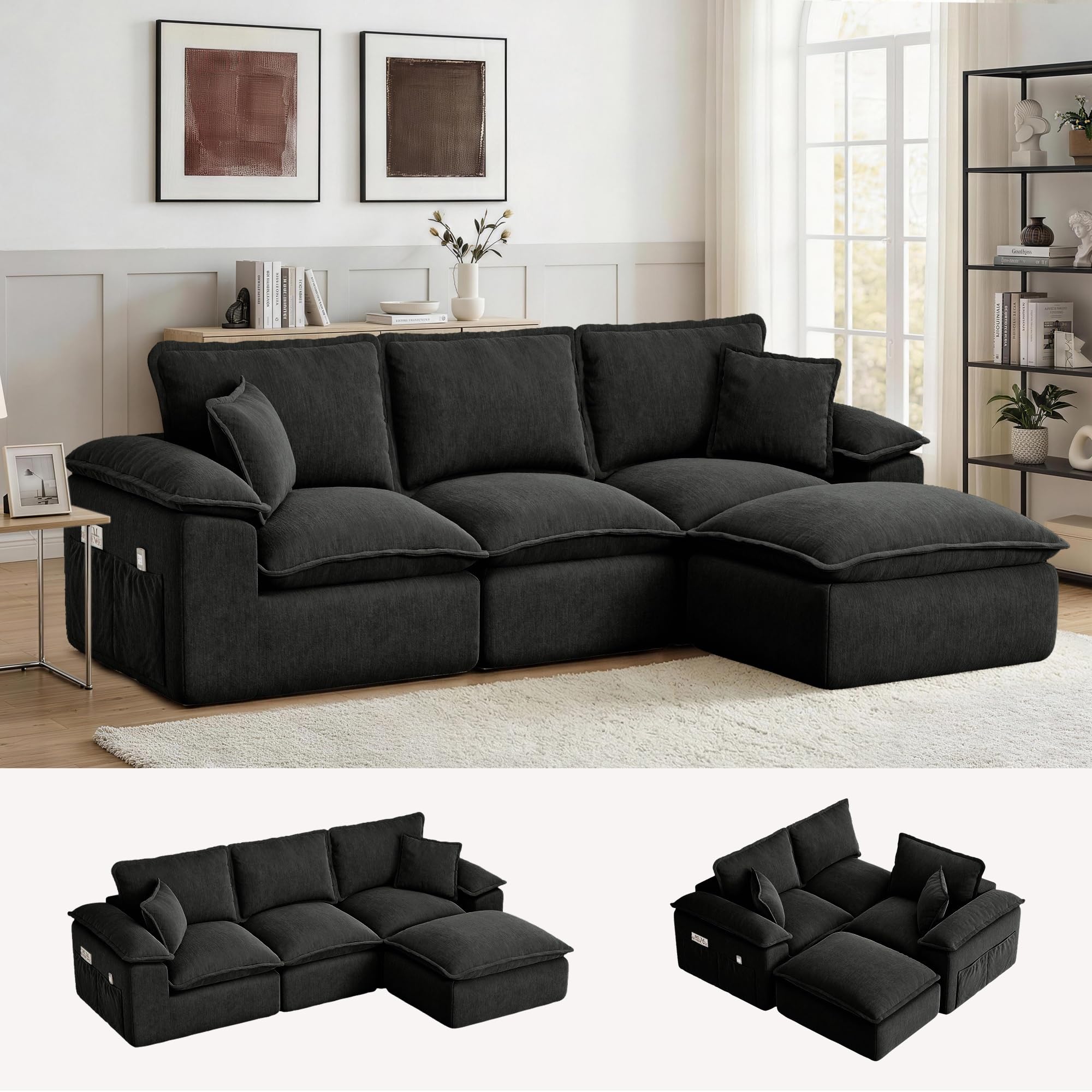 Korser 122" Sectional Couches for Living Room, Modular Boneless Sofa, Cloud Sofa, Fluffy Cushions, Double-Layer Cushioned, with Convertible Ottoman